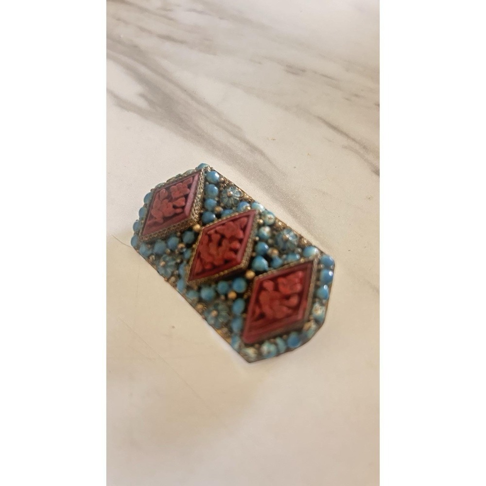 Vintage Nepal Brooch Pin Brass Coral & Turquoise Inlay Tibetan Tribal Jewelry - Picture 3 of 10